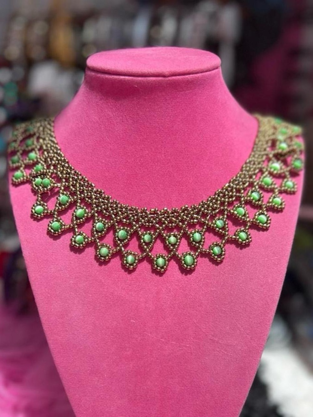 Vintage Green and gold beaded necklace with green cats eye beads